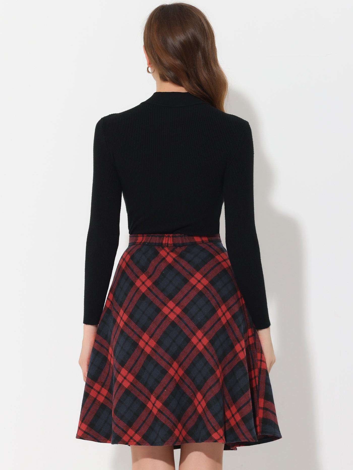 Allegra K Vintage Plaid Tartan Elastic Waist Knee Length A-Line Skirt