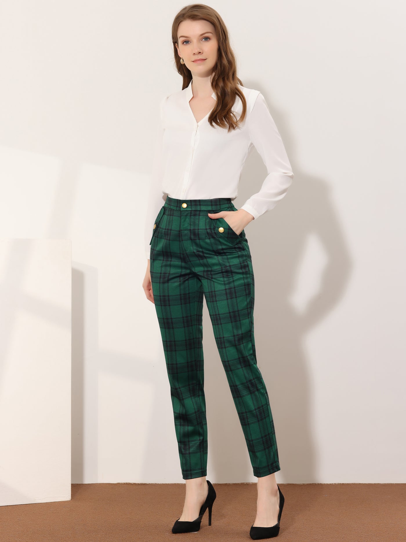 Allegra K Vintage Tartan Plaid Pants Elastic Waist Straight Long Trousers