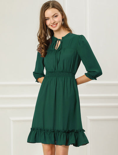 Women's Autumn Wedding Guest Dresses Ruffle Hem 3/4 Sleeve A-Line Smocked Short Chiffon Dress