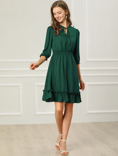 Women's Autumn Wedding Guest Dresses Ruffle Hem 3/4 Sleeve A-Line Smocked Short Chiffon Dress