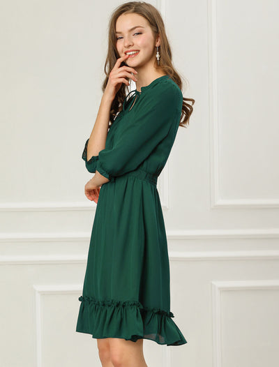 Women's Autumn Wedding Guest Dresses Ruffle Hem 3/4 Sleeve A-Line Smocked Short Chiffon Dress