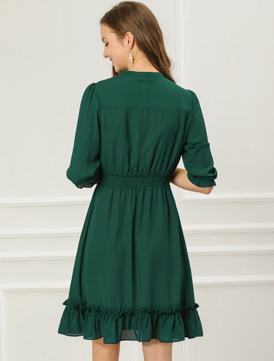 Women's Autumn Wedding Guest Dresses Ruffle Hem 3/4 Sleeve A-Line Smocked Short Chiffon Dress