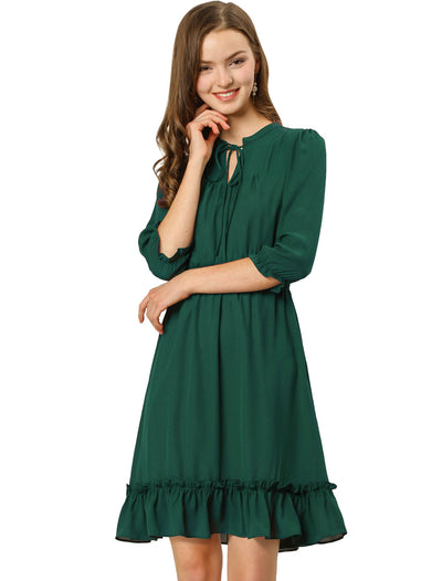 Women's Autumn Wedding Guest Dresses Ruffle Hem 3/4 Sleeve A-Line Smocked Short Chiffon Dress