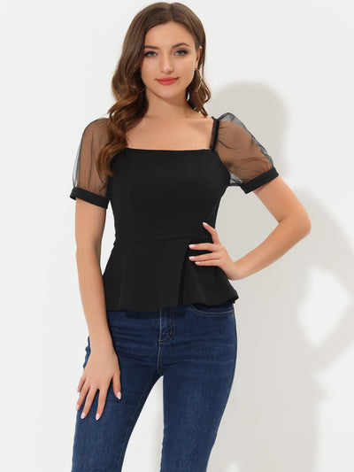 Square Neck Mesh Sheer Sleeve Peplum Tops