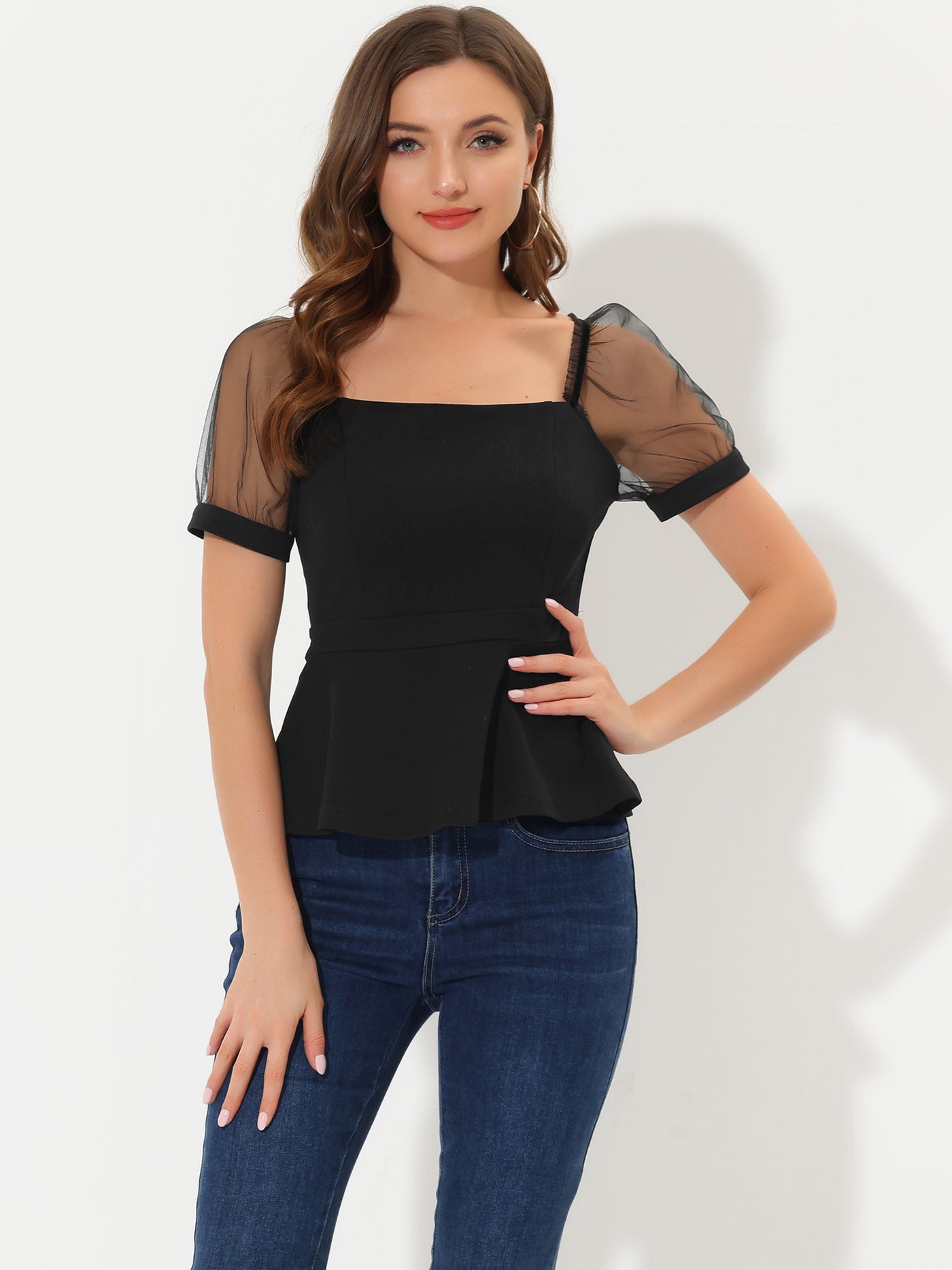 Allegra K Square Neck Mesh Sheer Sleeve Peplum Tops