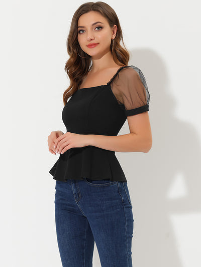 Square Neck Mesh Sheer Sleeve Peplum Tops