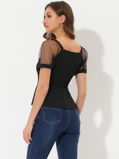 Square Neck Mesh Sheer Sleeve Peplum Tops