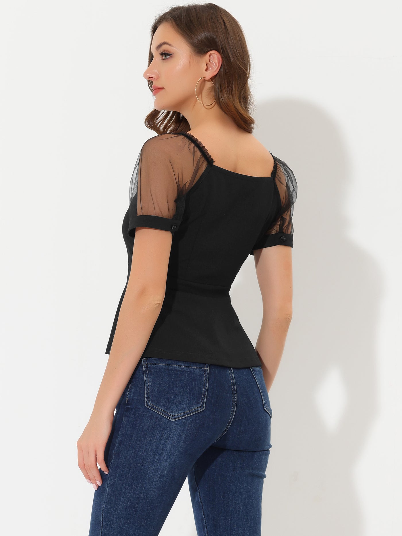 Allegra K Square Neck Mesh Sheer Sleeve Peplum Tops