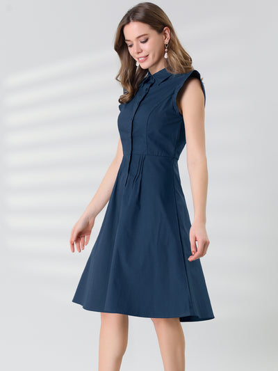 Office Ruffled Sleeve Belted Cotton Button Midi Shirt Dress