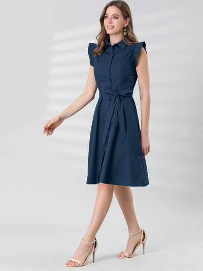 Office Ruffled Sleeve Belted Cotton Button Midi Shirt Dress