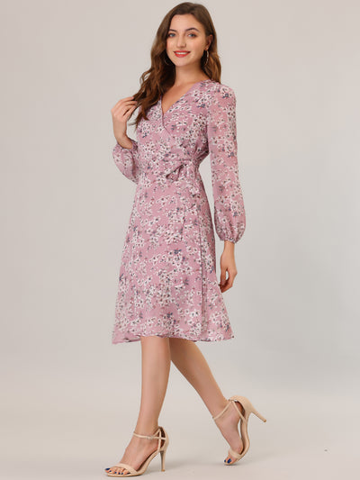 Chiffon Floral V Neck Tie Waist Bishop Sleeve Casual Wrap Midi Dress