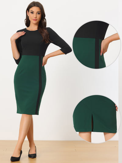 Pencil Round Neck 3/4 Sleeve Contrast Office Sheath Dress