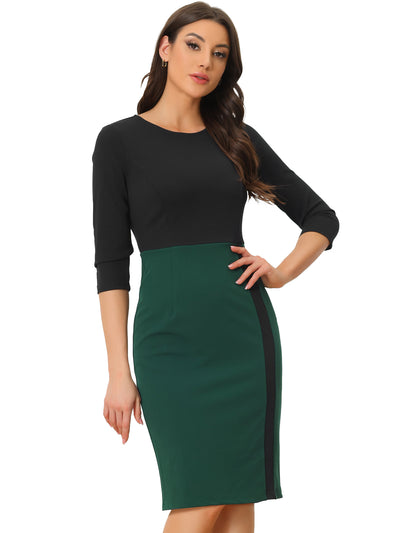 Pencil Round Neck 3/4 Sleeve Contrast Office Sheath Dress