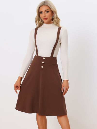 High Waist Solid Button Decor Flared Midi Overall Suspender Skirt