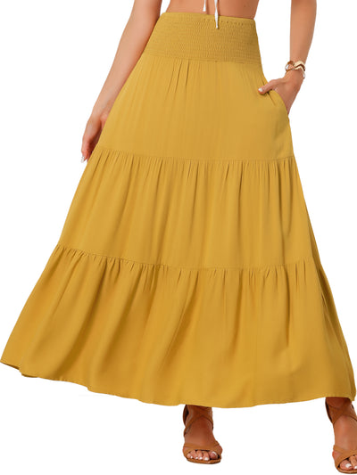 Summer Maxi Casual Elastic High Waist Tiered Boho Long Skirt