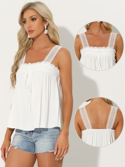 Casual Sleeveless Square Neck Panel Lace Ruffles Tank Tops