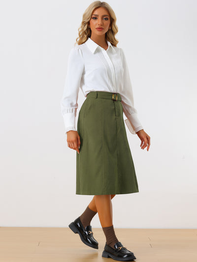 High Waist Elastic Back A-Line Belted Corduroy Pockets Midi Skirt