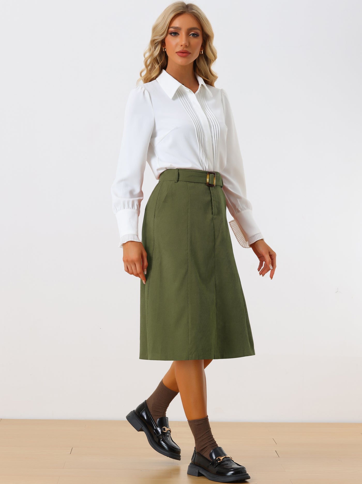 Allegra K High Waist Elastic Back A-Line Belted Corduroy Pockets Midi Skirt