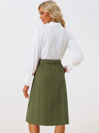 High Waist Elastic Back A-Line Belted Corduroy Pockets Midi Skirt