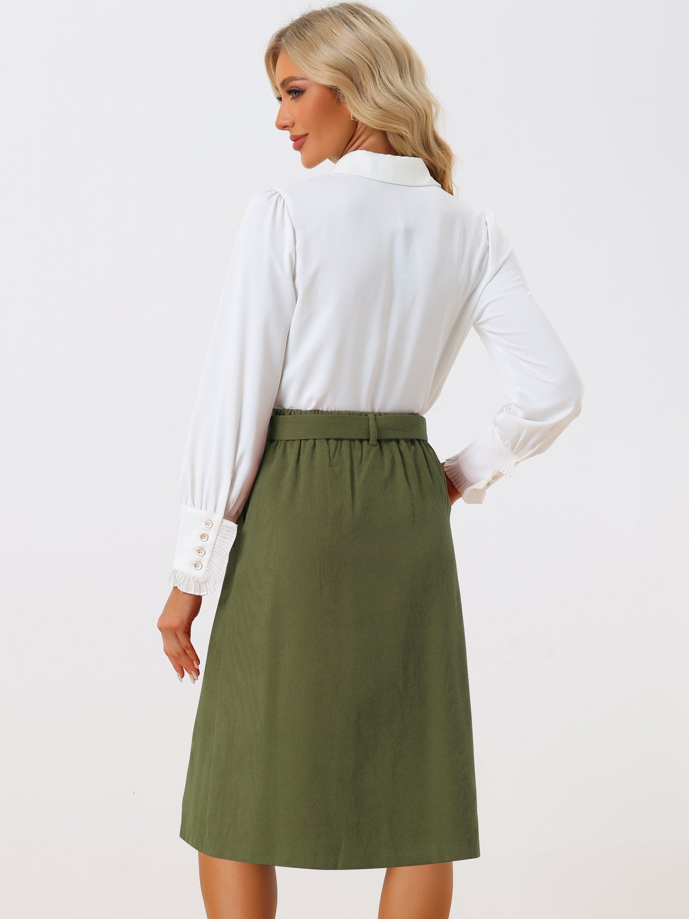 Allegra K High Waist Elastic Back A-Line Belted Corduroy Pockets Midi Skirt