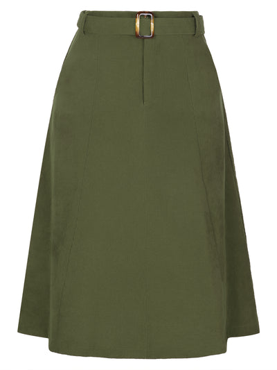 High Waist Elastic Back A-Line Belted Corduroy Pockets Midi Skirt