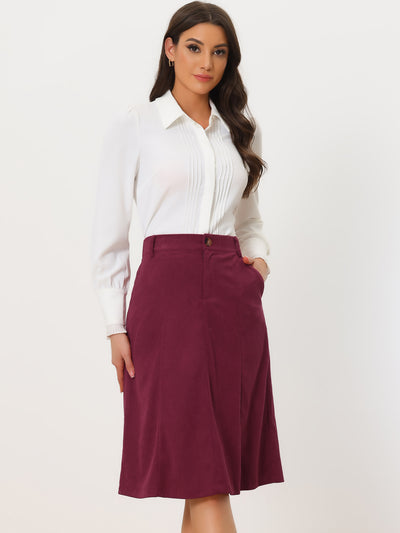 High Waist Elastic Back A-Line Belted Corduroy Pockets Midi Skirt