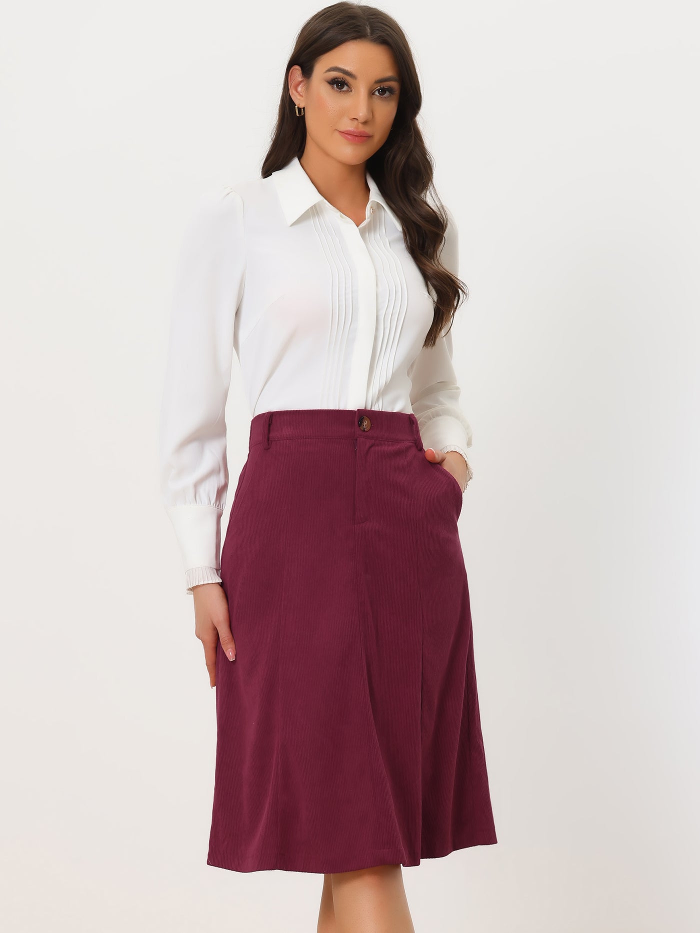 Allegra K High Waist Elastic Back A-Line Belted Corduroy Pockets Midi Skirt