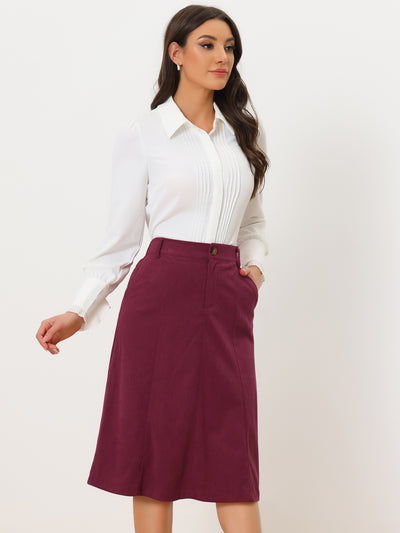 High Waist Elastic Back A-Line Belted Corduroy Pockets Midi Skirt