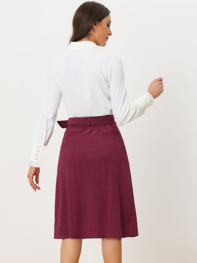 High Waist Elastic Back A-Line Belted Corduroy Pockets Midi Skirt