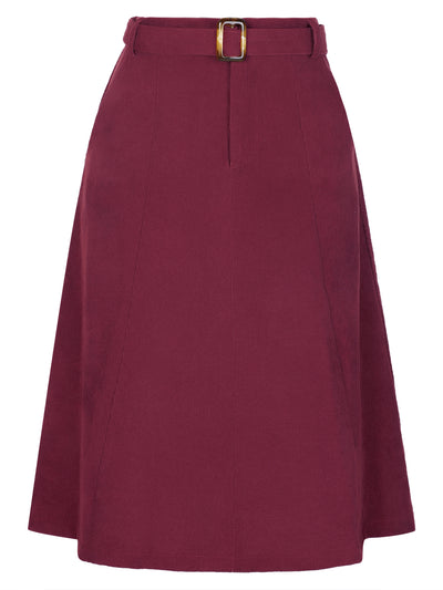 High Waist Elastic Back A-Line Belted Corduroy Pockets Midi Skirt