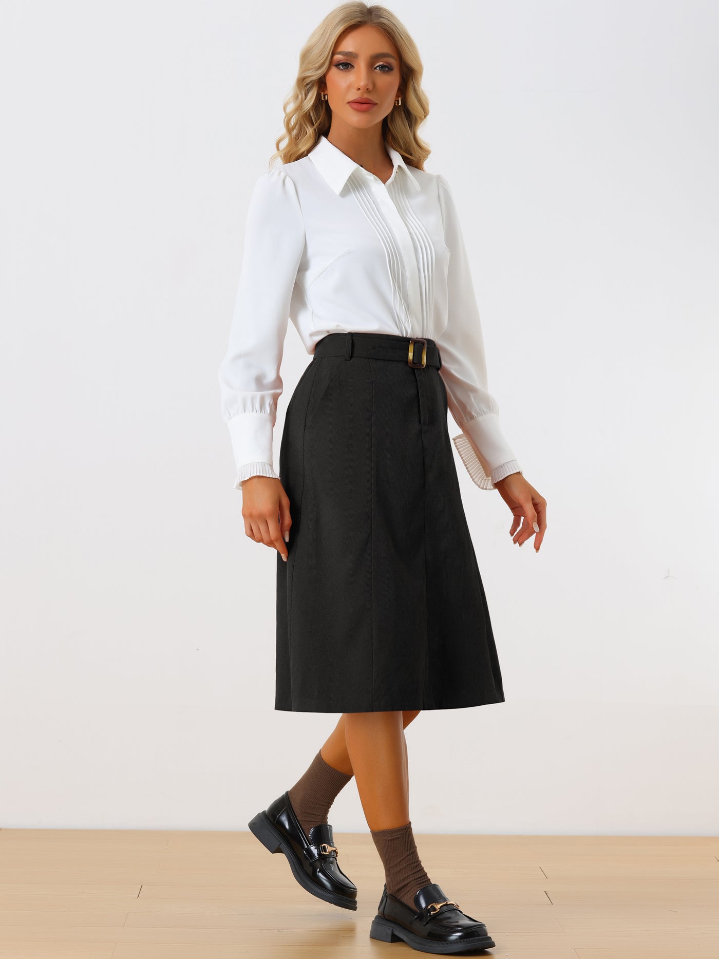 Allegra K High Waist Elastic Back A-Line Belted Corduroy Pockets Midi Skirt