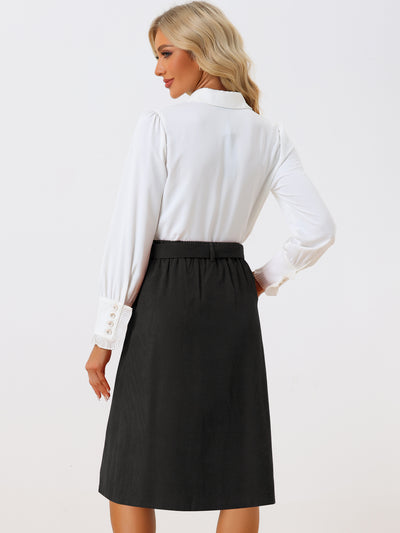 High Waist Elastic Back A-Line Belted Corduroy Pockets Midi Skirt