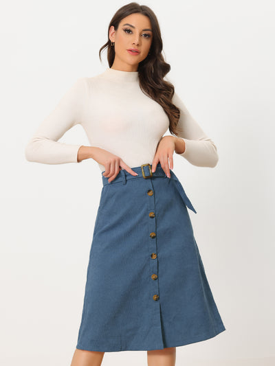 High Waist Button Front Belted Corduroy A-Line Midi Skirt