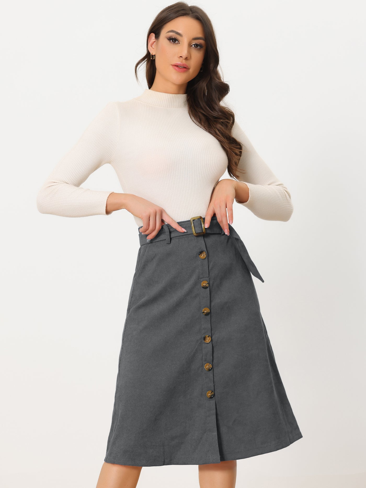 Allegra K High Waist Button Front Belted Corduroy A-Line Midi Skirt