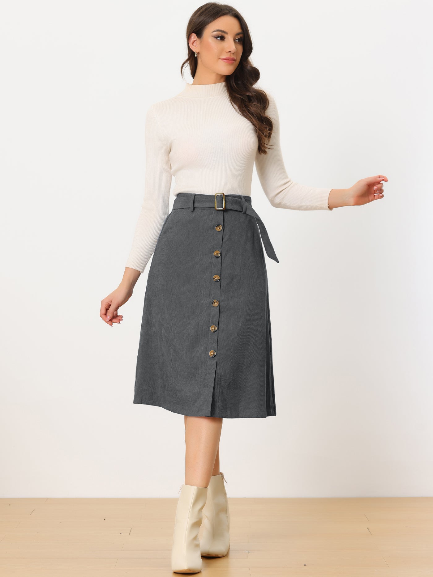 Allegra K High Waist Button Front Belted Corduroy A-Line Midi Skirt