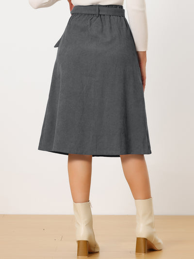 High Waist Button Front Belted Corduroy A-Line Midi Skirt