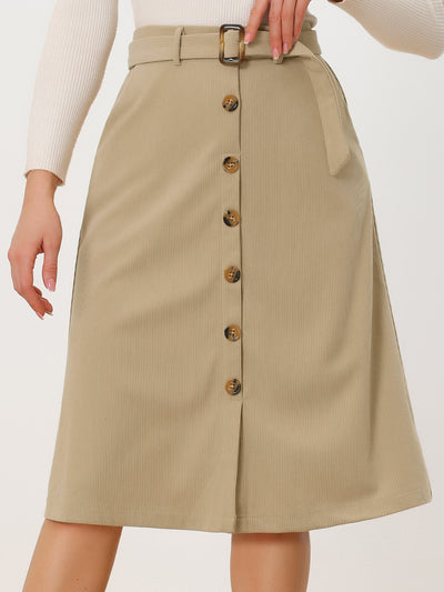 High Waist Button Front Belted Corduroy A-Line Midi Skirt