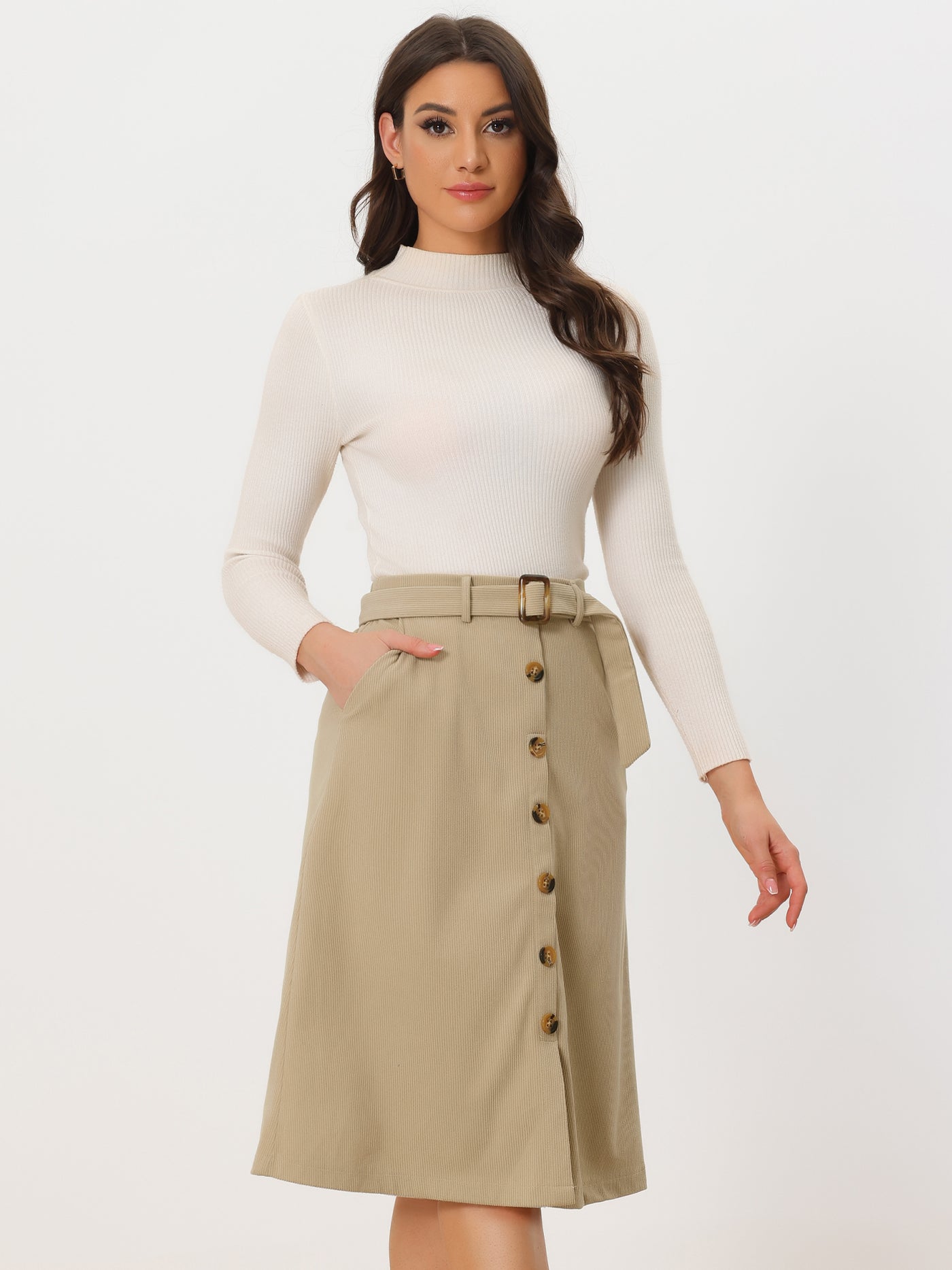 Allegra K High Waist Button Front Belted Corduroy A-Line Midi Skirt