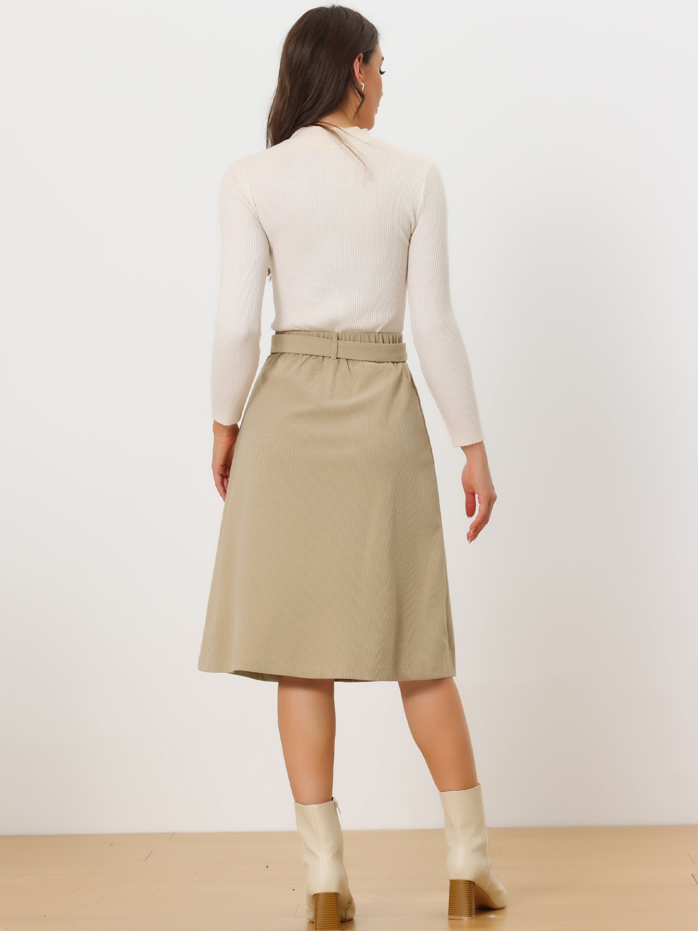 Allegra K High Waist Button Front Belted Corduroy A-Line Midi Skirt