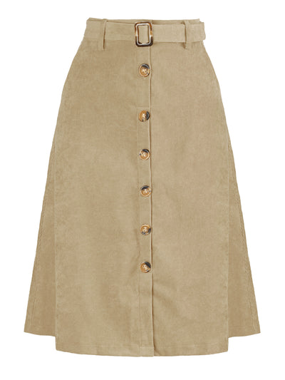 High Waist Button Front Belted Corduroy A-Line Midi Skirt