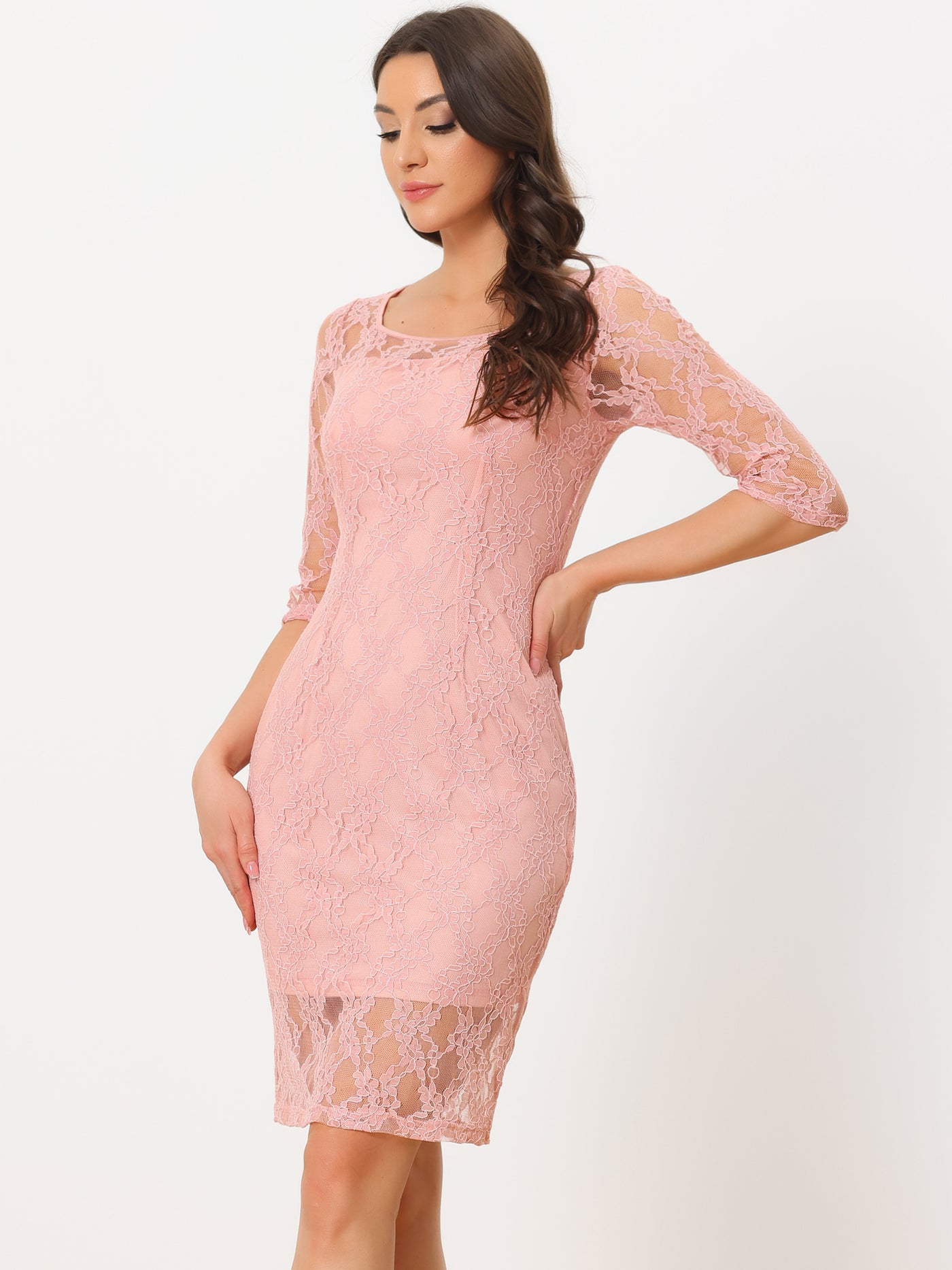 Allegra K Lace 3/4 Sleeve Dress Square Neck Midi Straight Tired