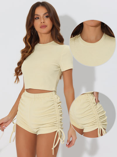 Allegra K 2 Piece Tracksuits Textured Short Sleeve Top with High Waisted Drawstring Shorts Sets