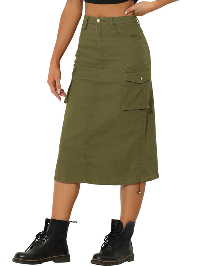 Midi Skirt Flap Pocket Back Slit Drawstring Cargo Skirt