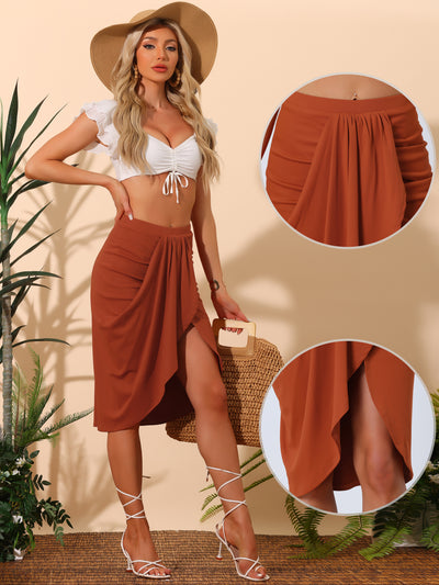 Summer Split High Waist Asymmetrical Ruched Solid Casual Skirt