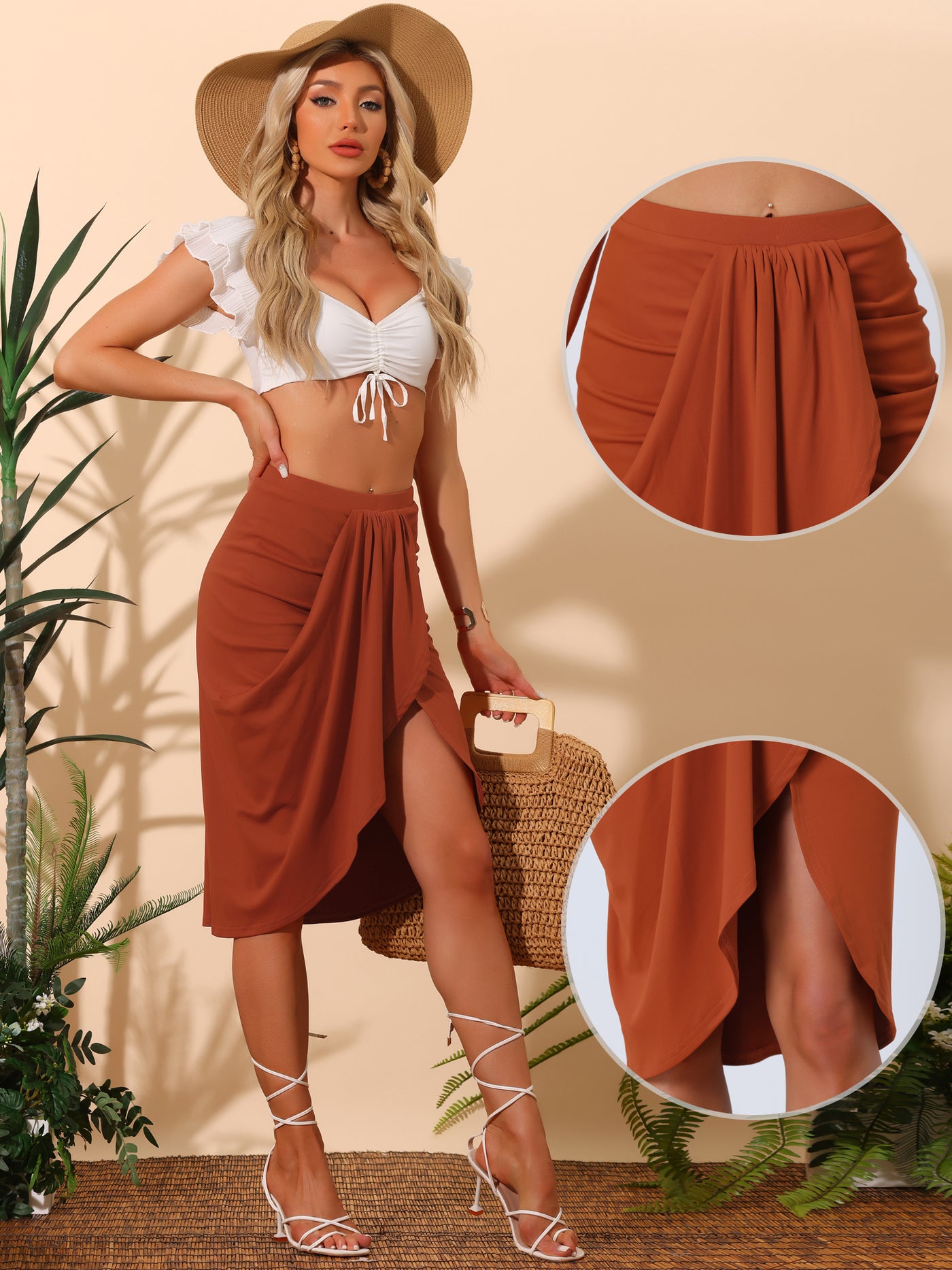 Allegra K Summer Split High Waist Asymmetrical Ruched Solid Casual Skirt
