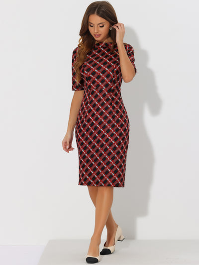 Short Sleeve Work Office Check Pencil Bodycon Plaid Dress