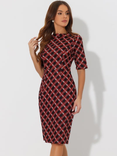 Short Sleeve Work Office Check Pencil Bodycon Plaid Dress