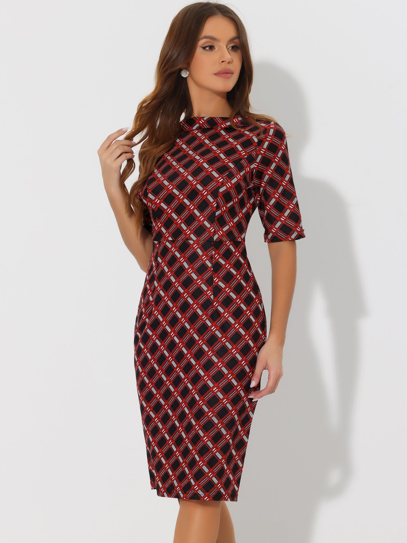 Allegra K Short Sleeve Work Office Check Pencil Bodycon Plaid Dress