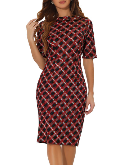 Short Sleeve Work Office Check Pencil Bodycon Plaid Dress