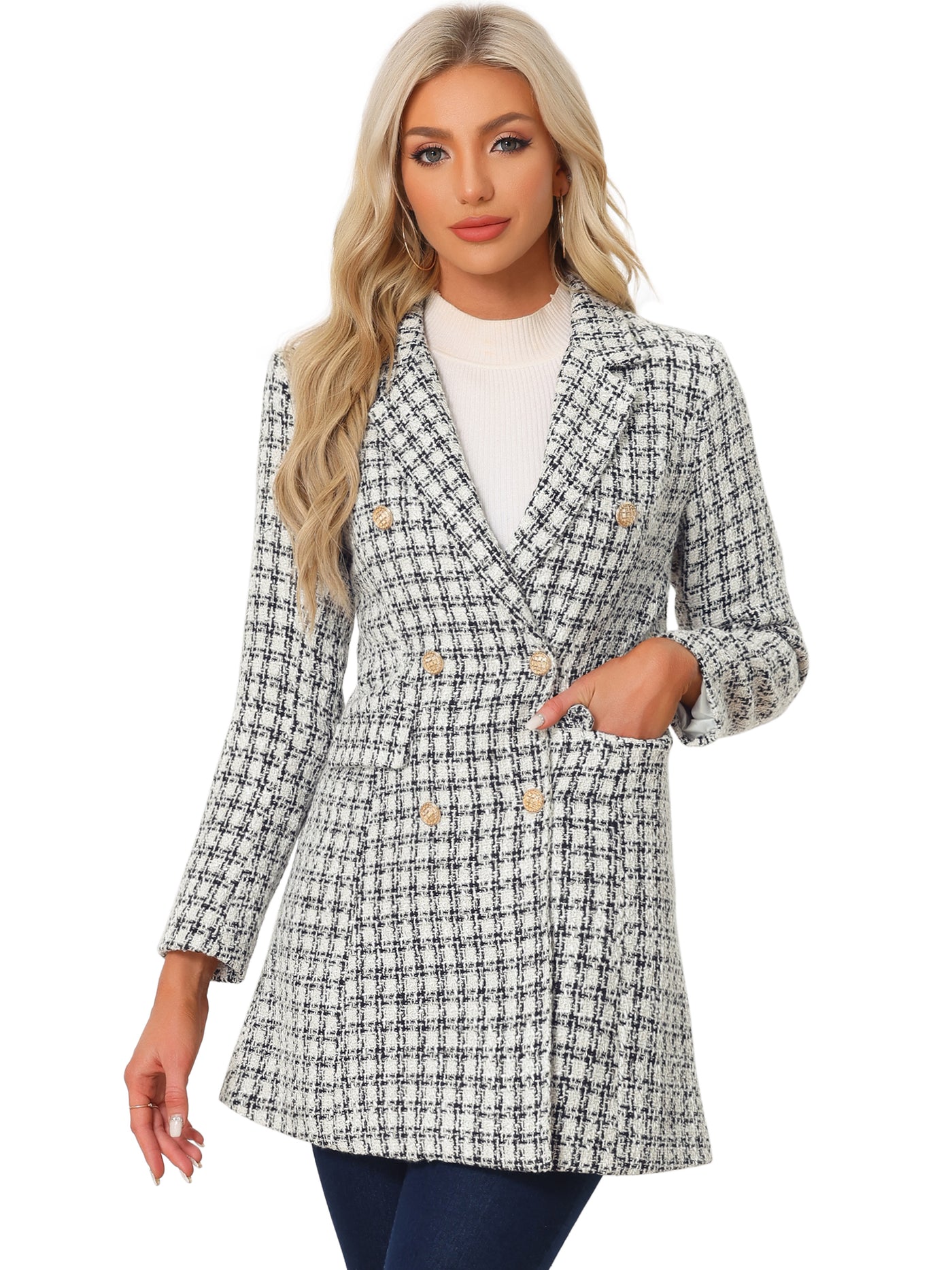 Allegra K Lapel Collar Elegant Double Breasted Plaid Tweed Blazer Coat